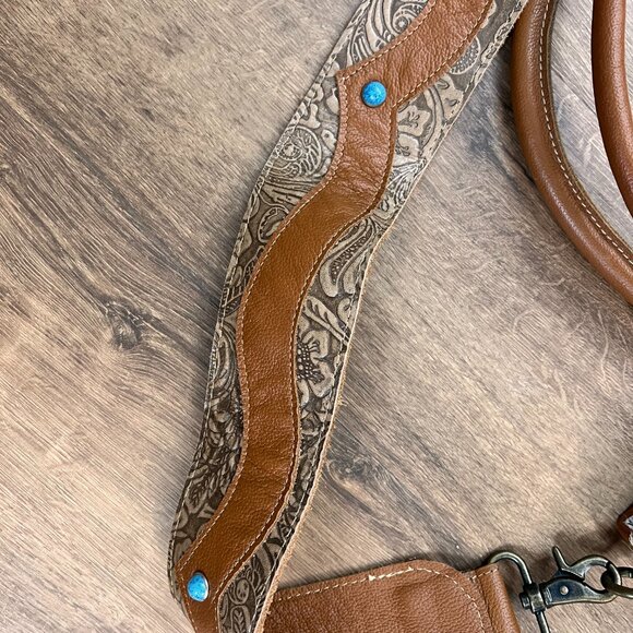 Myra Bag Brown Cow Hide Leather Turquoise Boho Western Large Crossbody Tote - Picture 4 of 14